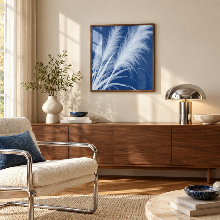 Pampas Grass Cyanotype Print styled above a sideboard (frame not included)