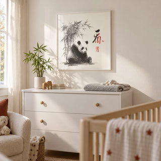 Panda Art Print, framed on the wall of a calm neutral nursery with a warm white wall