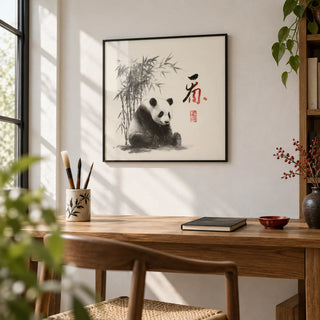 Panda Art Print, framed on the wall of a calm study with a white wall