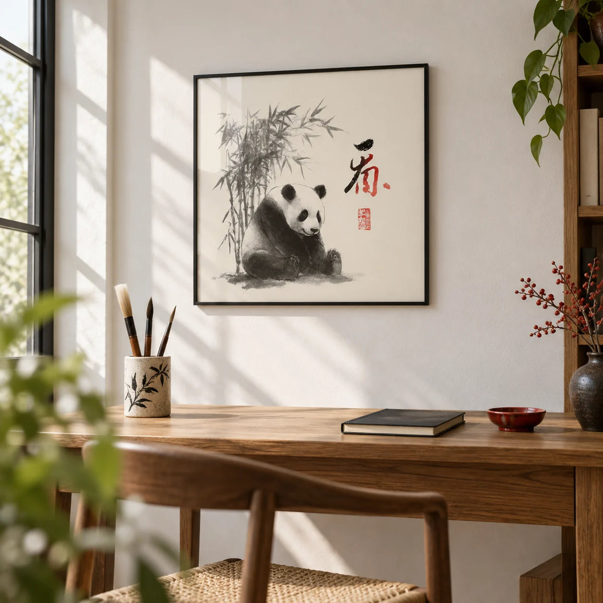 Panda Art Print, framed on the wall of a calm study with a white wall