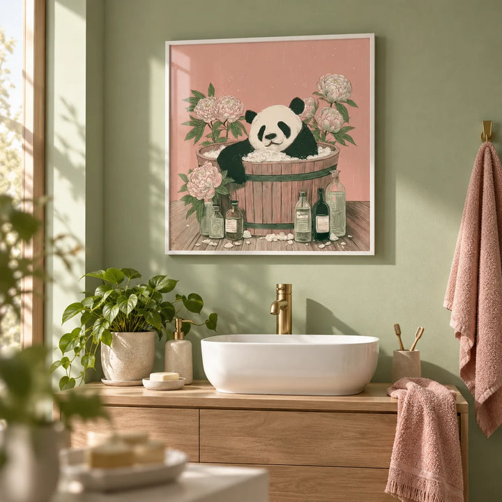 Panda Bath Print, framed on the wall of a bright bathroom with a plain sage green painted wall and a white basin on an oak vanity