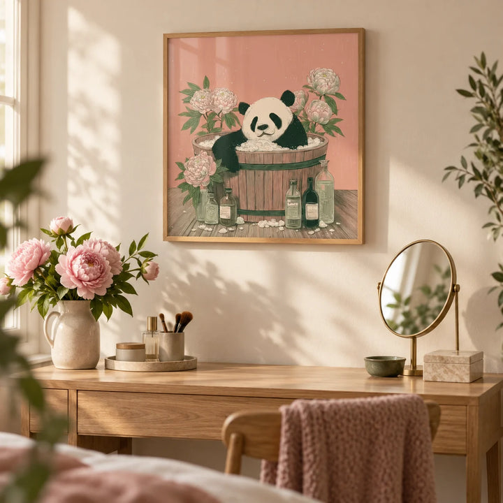 Panda Bath Print, framed on the wall of a calm dressing area with a cream wall