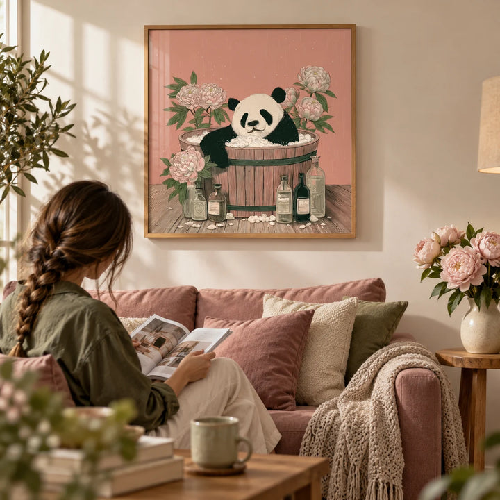Panda Bath Print, framed on the wall of a cosy living room with a warm white wall