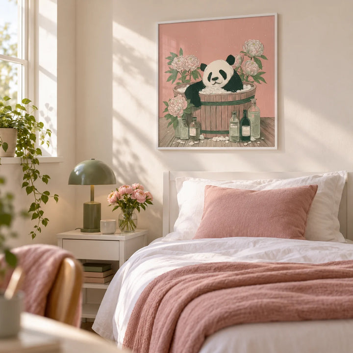 Panda Bath Print, framed on the wall of a pretty single bedroom for a female student or graduate (18-25) with a soft cream wall