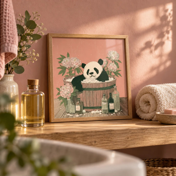 Panda Bath Print, a small A4 framed print leaning on a bathroom oak shelf