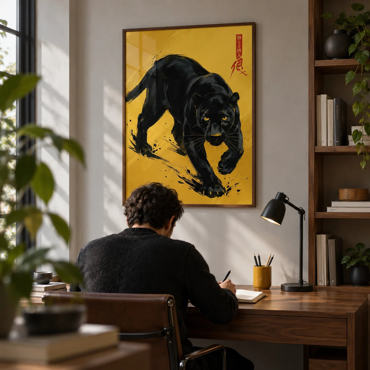 Panther Art Print, framed on the wall of a compact design-led home study with a pale grey wall and walnut shelving