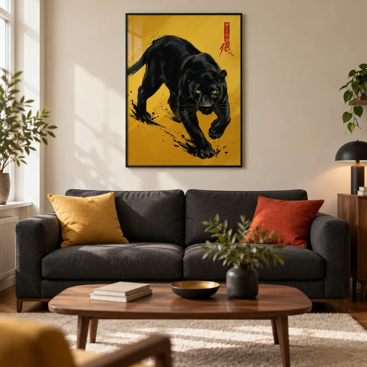 Panther Art Print, framed on the wall of a contemporary living room in a UK city flat with a warm off-white wall