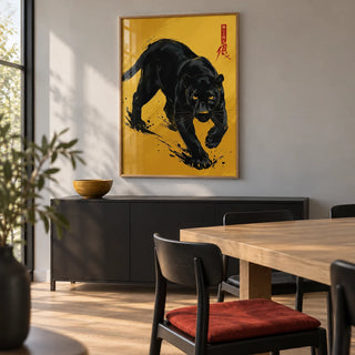 Panther Art Print, framed on the wall of a crisp contemporary dining room with a light grey wall and pale oak floor