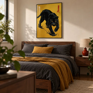 Panther Art Print, framed on the wall of a modern bedroom in a first flat for an adult aged 22-30 with a warm white wall and walnut furniture