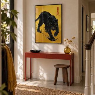 Panther Art Print, framed on the wall of a modern hallway in a renovated UK terrace with warm white plaster walls and a pale concrete floor