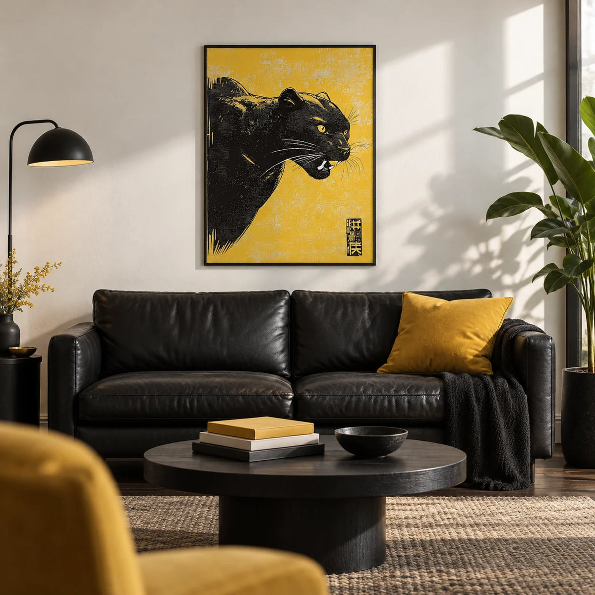 Panther Wall Art, framed on the wall of a bold modern living room with a white wall and a dark oak floor