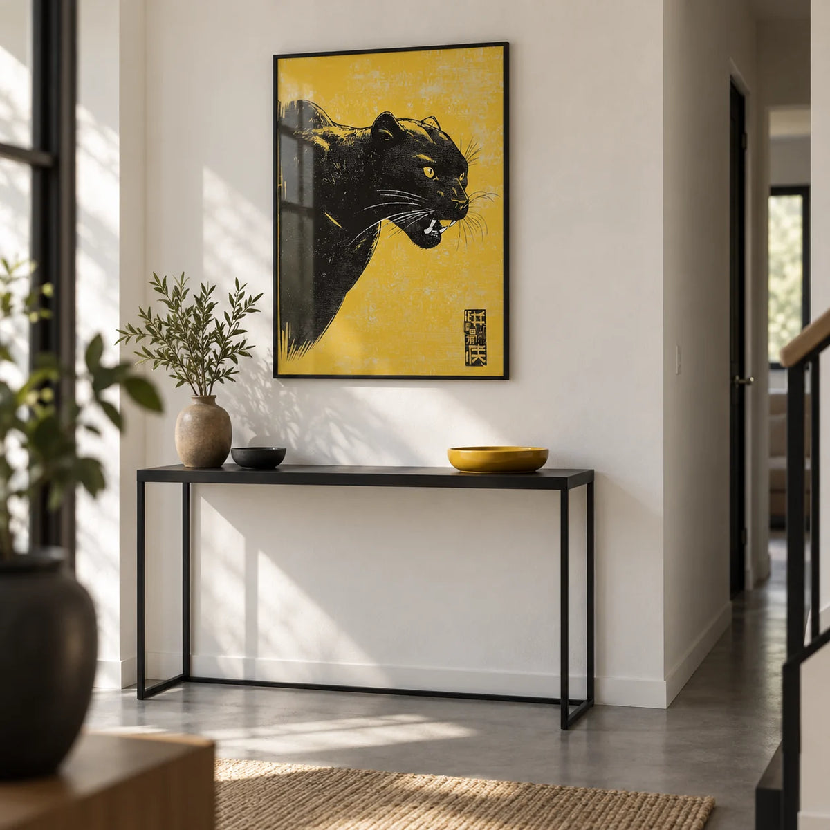 Panther Wall Art, framed on the wall of a crisp hallway with a white wall and a grey floor