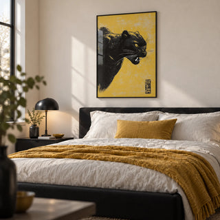 Panther Wall Art, framed on the wall of a modern bedroom with a soft white wall