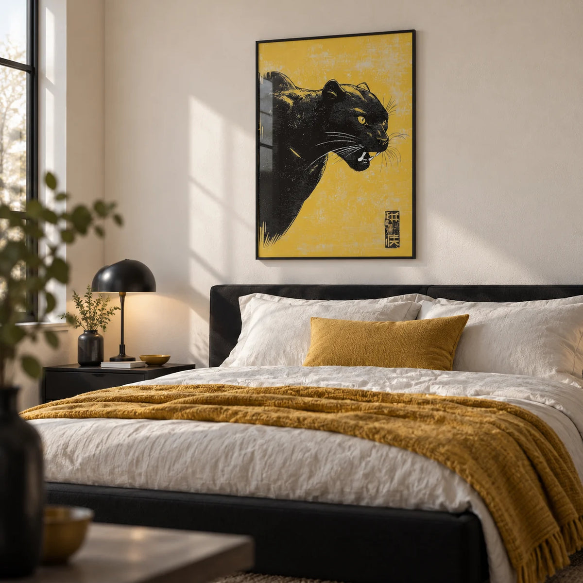 Panther Wall Art, framed on the wall of a modern bedroom with a soft white wall