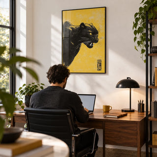 Panther Wall Art, framed on the wall of a modern home study with a white wall