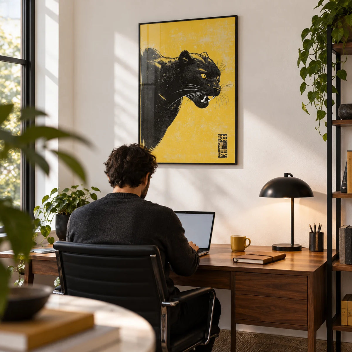 Panther Wall Art, framed on the wall of a modern home study with a white wall