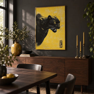 Panther Wall Art, framed on the wall of a moody dining room with a charcoal painted wall