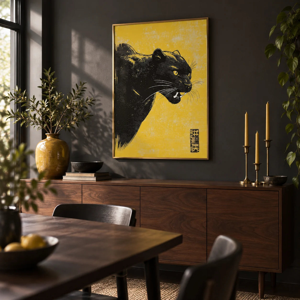 Panther Wall Art, framed on the wall of a moody dining room with a charcoal painted wall