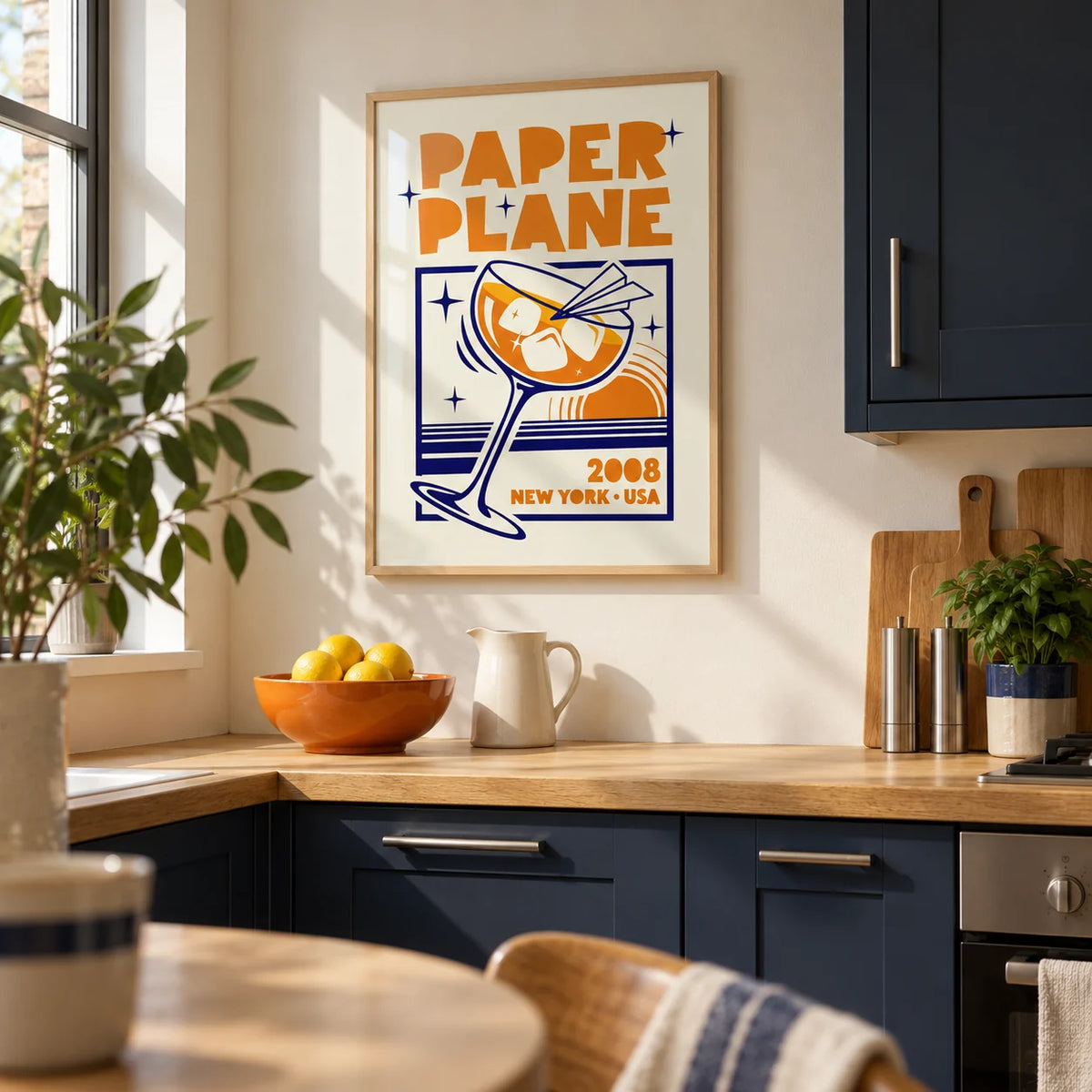 Paper Plane Cocktail Poster, framed on the wall of a compact contemporary kitchen in a UK first flat for a couple aged 25-35
