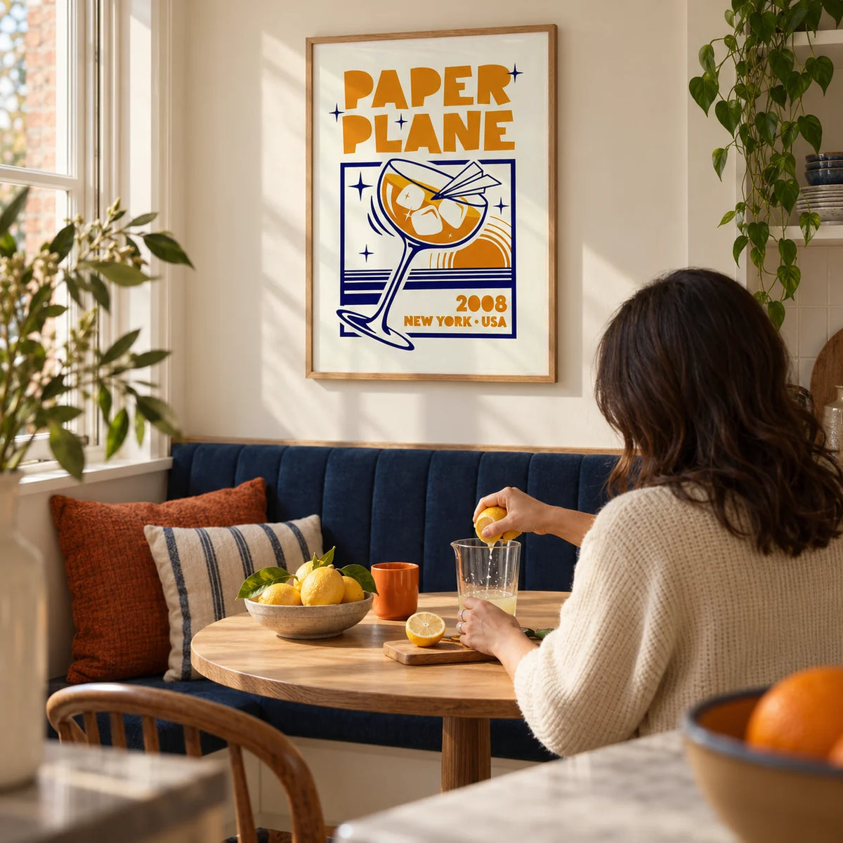 Paper Plane Cocktail Poster, framed on the wall of a sunny kitchen dining nook in a renovated UK terrace with an ivory wall and a built-in navy banquette