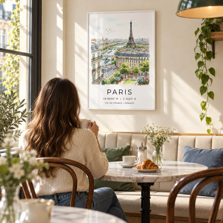 Paris Cityscape Art Print, framed on the wall of a bright bistro-style dining corner