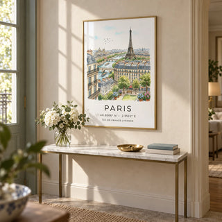 Paris Cityscape Art Print, framed on the wall of an elegant entrance hall with a pale stone coloured wall