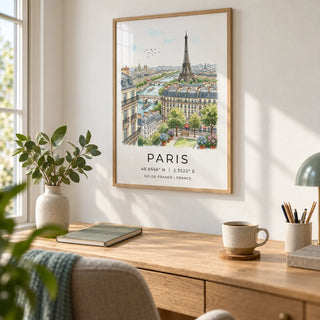 Paris Cityscape Art Print, framed on the wall of a light home office with a white wall