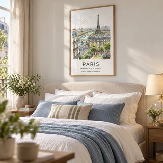 Paris Cityscape Art Print, framed on the wall of a romantic bedroom with a soft white wall