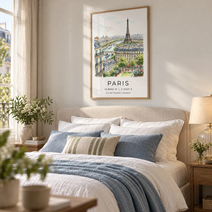 Paris Cityscape Art Print, framed on the wall of a romantic bedroom with a soft white wall