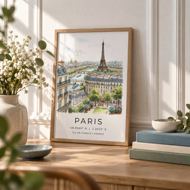 Paris Cityscape Art Print, a small A4 framed print leaning on an oak shelf in a living room