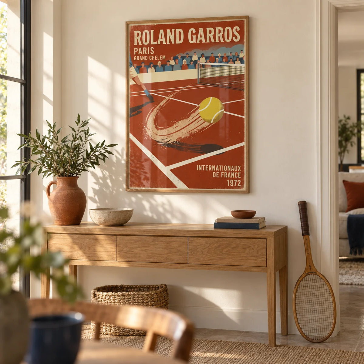 Paris Clay Court Tennis Print, framed on the wall of a bright hallway with a cream wall