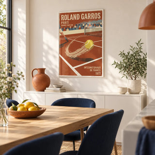 Paris Clay Court Tennis Print, framed on the wall of a bright modern kitchen-diner with a warm white wall
