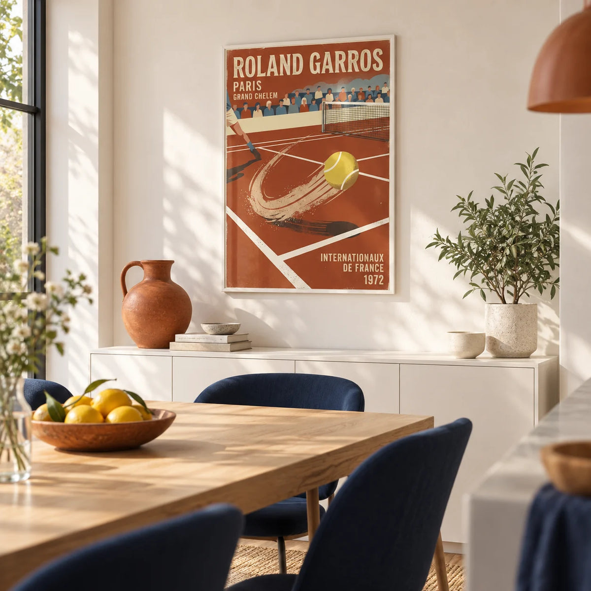Paris Clay Court Tennis Print, framed on the wall of a bright modern kitchen-diner with a warm white wall