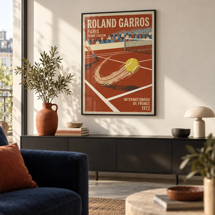 Paris Clay Court Tennis Print, framed on the wall of a design-led city flat living room with a warm white wall and a polished concrete floor