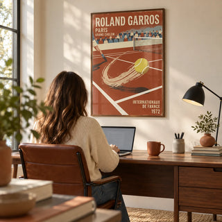 Paris Clay Court Tennis Print, framed on the wall of a modern home office with a soft cream wall