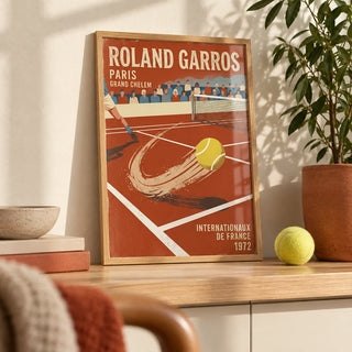 Paris Clay Court Tennis Print, a small A4 framed print leaning on a pale oak shelf in a living room