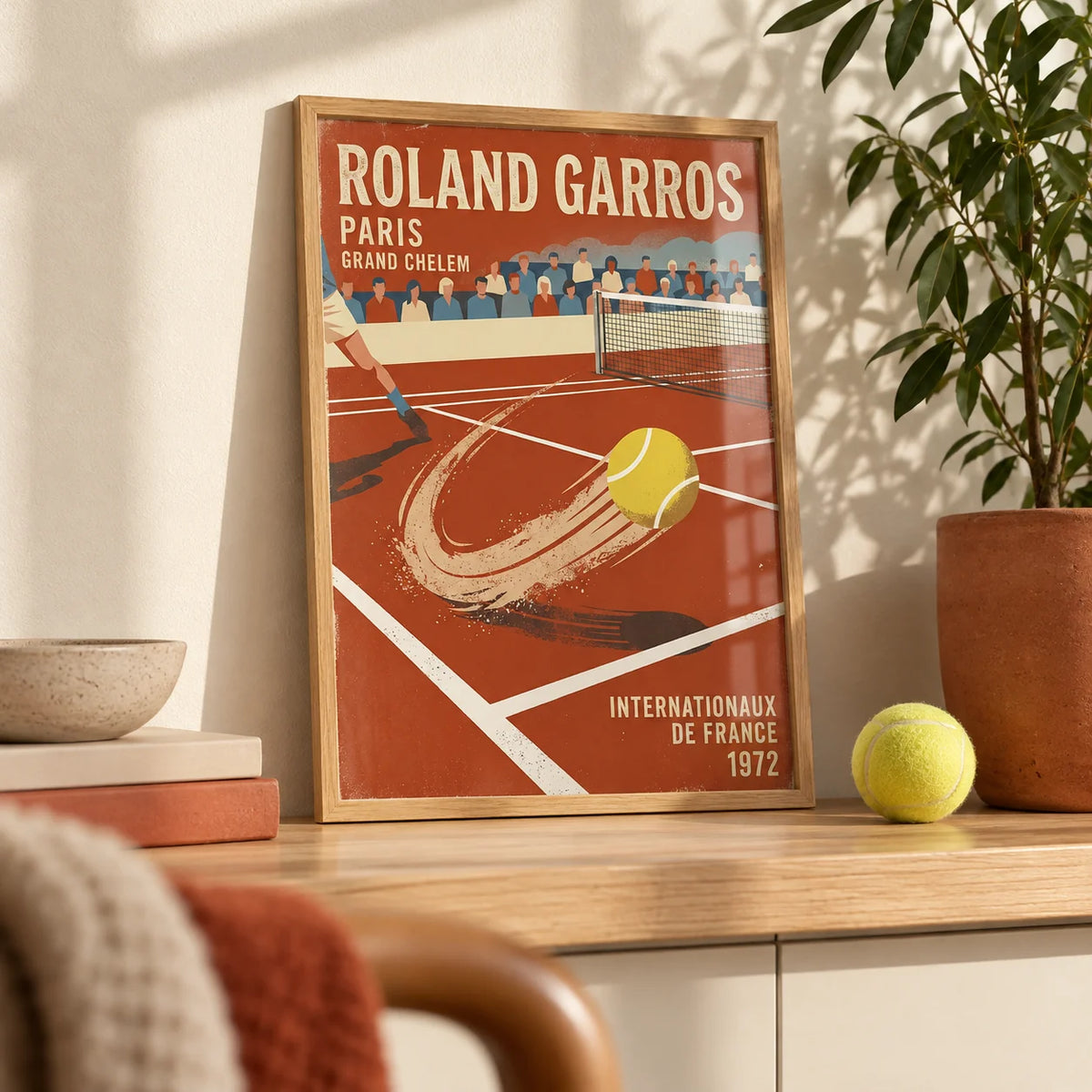 Paris Clay Court Tennis Print, a small A4 framed print leaning on a pale oak shelf in a living room