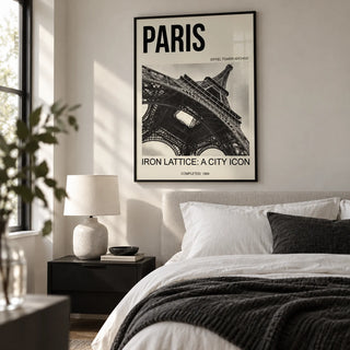 Paris Eiffel Tower Print, framed on the wall of a crisp monochrome bedroom