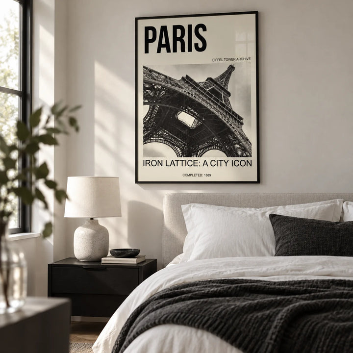 Paris Eiffel Tower Print, framed on the wall of a crisp monochrome bedroom
