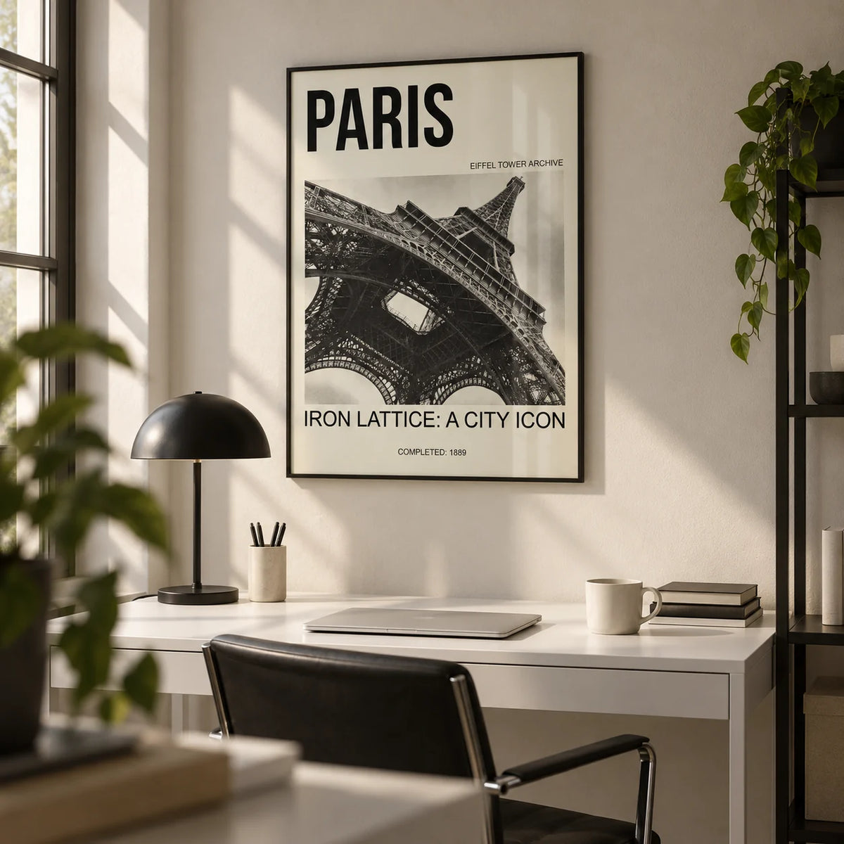 Paris Eiffel Tower Print, framed on the wall of a minimal home office
