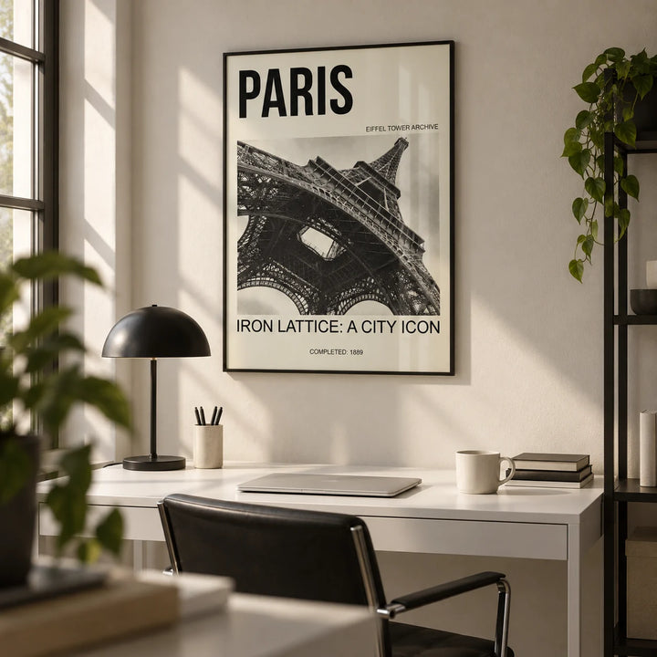 Paris Eiffel Tower Print, framed on the wall of a minimal home office