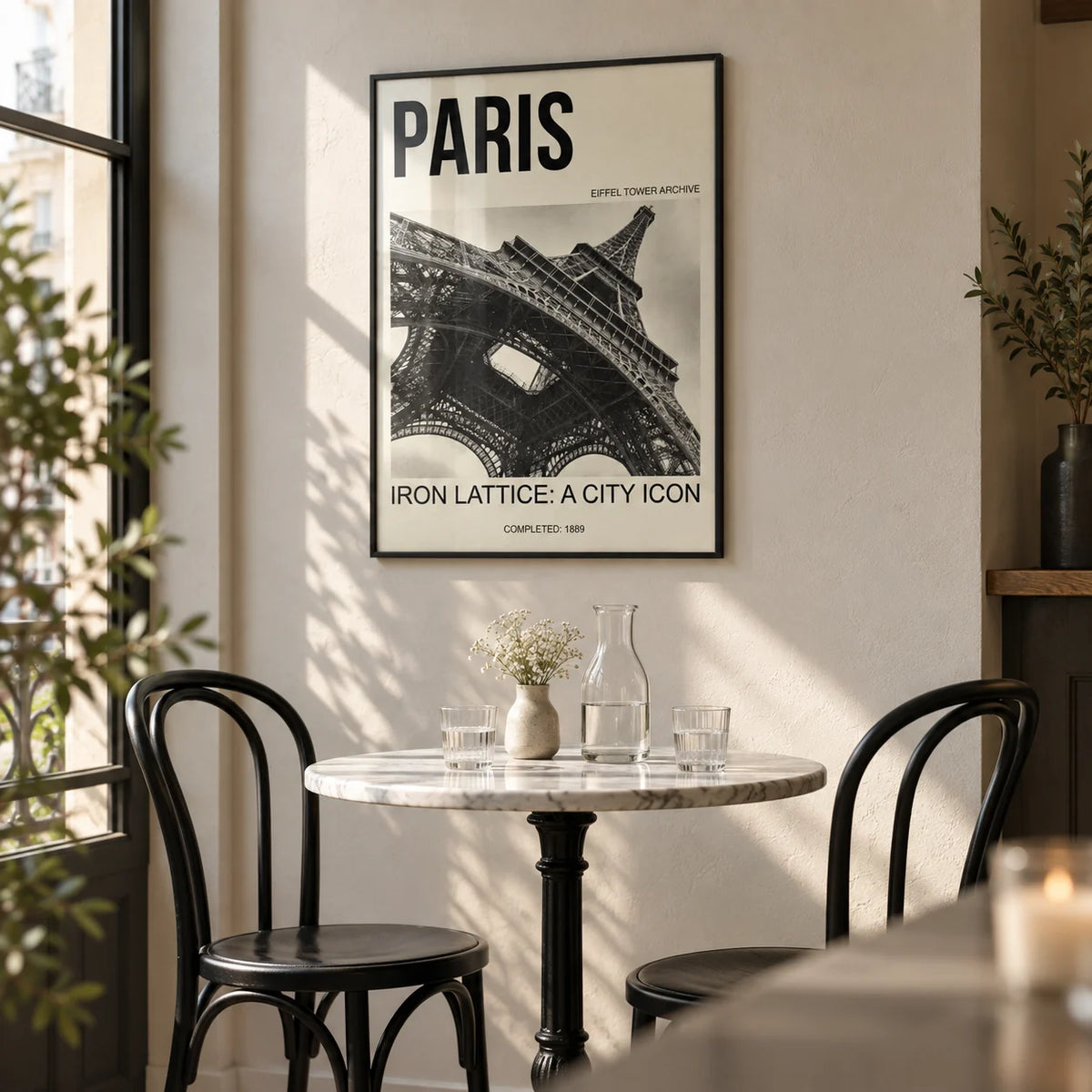 Paris Eiffel Tower Print, framed on the wall of a modern bistro-style dining corner