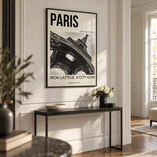 Paris Eiffel Tower Print, framed on the wall of a Parisian-style hallway with white panelled walls