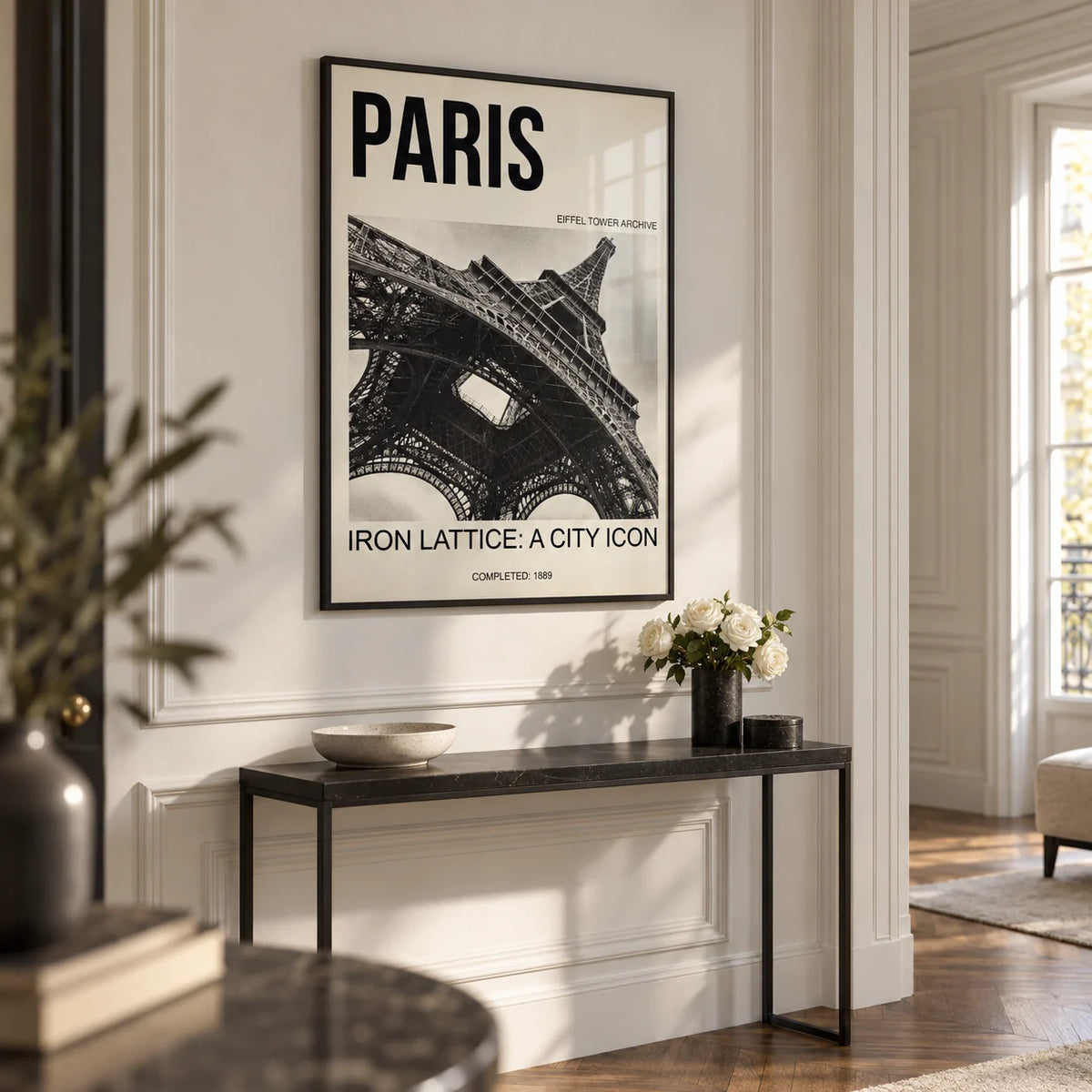 Paris Eiffel Tower Print, framed on the wall of a Parisian-style hallway with white panelled walls