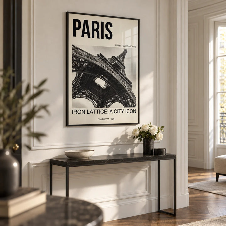 Paris Eiffel Tower Print, framed on the wall of a Parisian-style hallway with white panelled walls