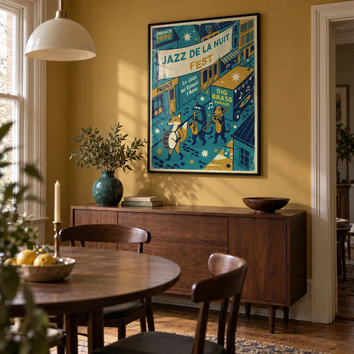 Paris Jazz Poster, framed on the wall of a compact dining room in a Victorian terrace with a muted mustard wall and restored timber floorboards