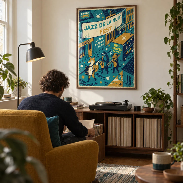 Paris Jazz Poster, framed on the wall of a dedicated music-listening corner in a jazz-loving adult’s flat with cream walls in a living room