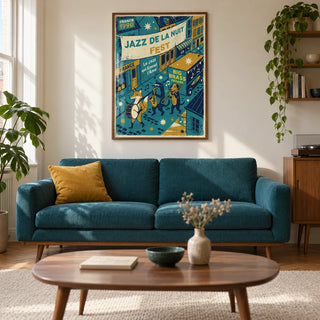 Paris Jazz Poster, framed on the wall of a mid-century living room in a UK city flat with cream walls and oak parquet