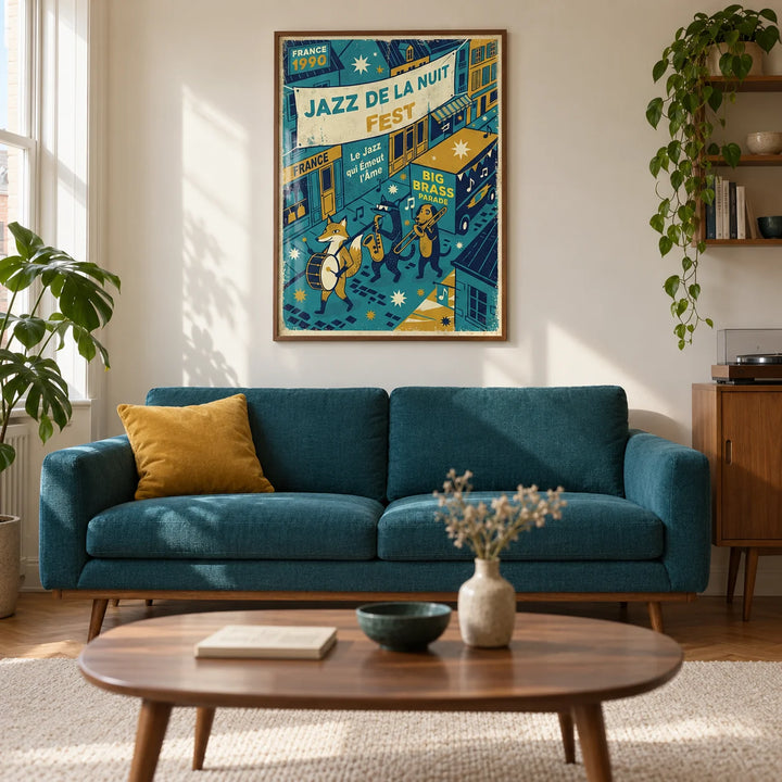 Paris Jazz Poster, framed on the wall of a mid-century living room in a UK city flat with cream walls and oak parquet