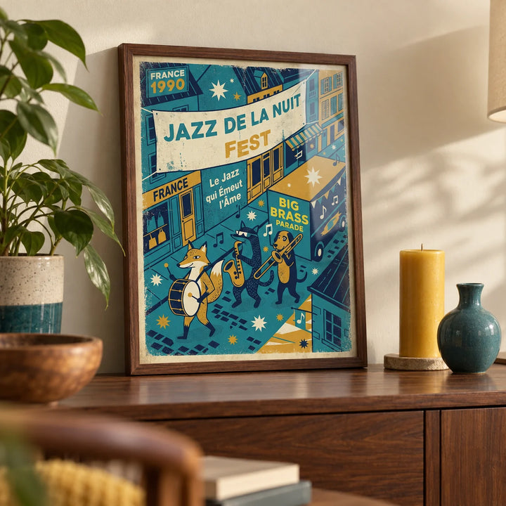 Paris Jazz Poster, a small A4 framed print leaning on a walnut sideboard in a living room
